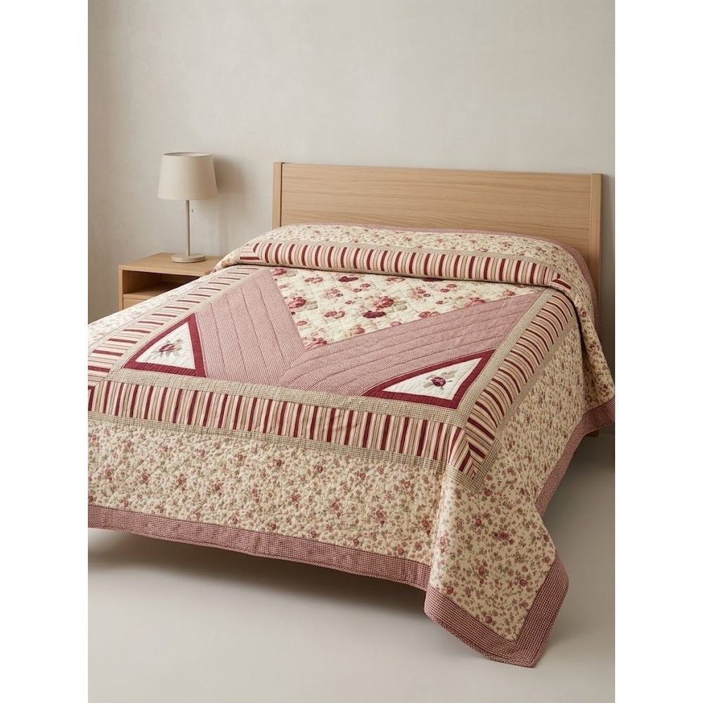 VTG Floral Patchwork Quilt Red Cream Gingham Striped Embroider Bedspread Cottage
